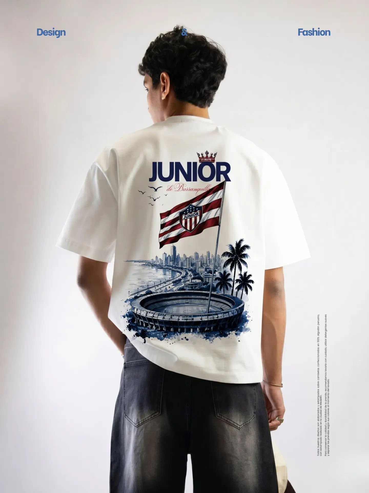 Camiseta Junior de Barranquilla con bandera, escudo y estadio ilustrados